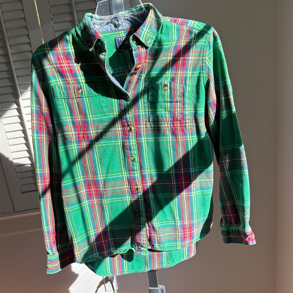 Penfield Green and Red Plaid Button Down Flannel Shirt
